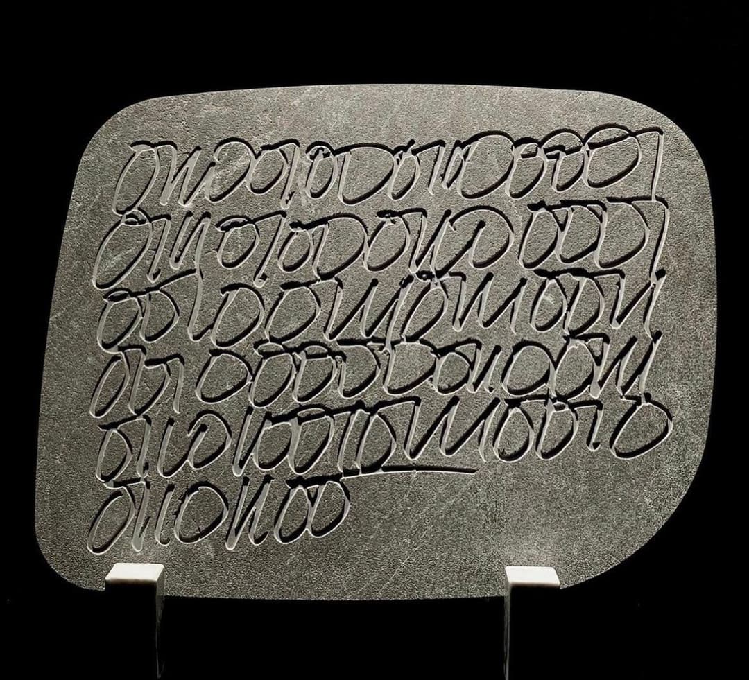 Cursive Binary: Data’s Girl, unique engraved marble stone (2023)