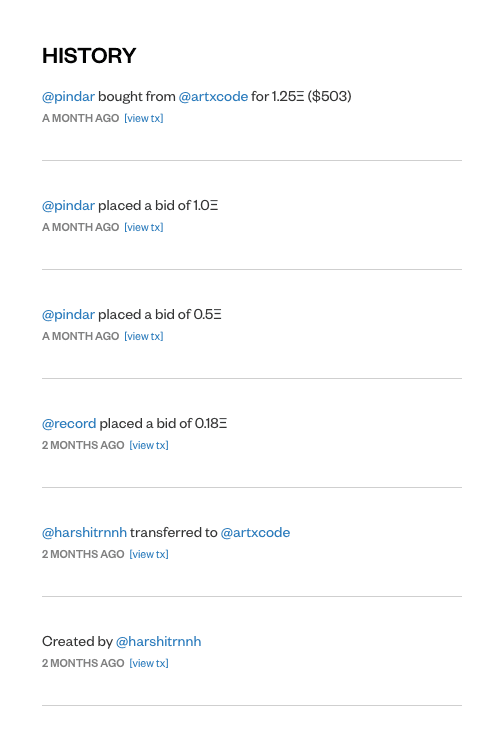 Screenshot of Machinic Situatedness 3's transaction history on SuperRare, October 2020